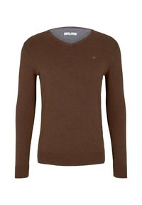 Bruine gebreide trui met een V-halsontwerp en lange mouwen. Heeft ribbels aan de uiteinden van de mouwen en de onderrand, met een klein logo op de borst.