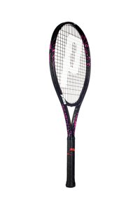 Black tennis racquet with pink accents, open string pattern, ergonomic grip, and notable branding on the shaft, designed for performance.