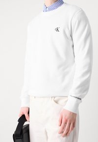 Vit sweatshirt med rund halsringning, med en liten svart logotyp på bröstet och "Calvin Klein Jeans" på ärmen. Bärs över en randig skjorta.