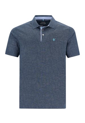 Navyblaues Polo-Shirt mit kurzen Ärmeln, aus strukturiertem Stoff, mit kontrastierendem Kragen und kleinem gesticktem Logo auf der Brusttasche.