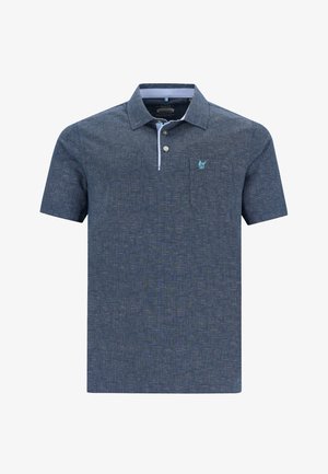 Polo-shirt bleu marine à manches courtes avec un tissu texturé, un col contrastant et un petit logo brodé sur la poche poitrine.