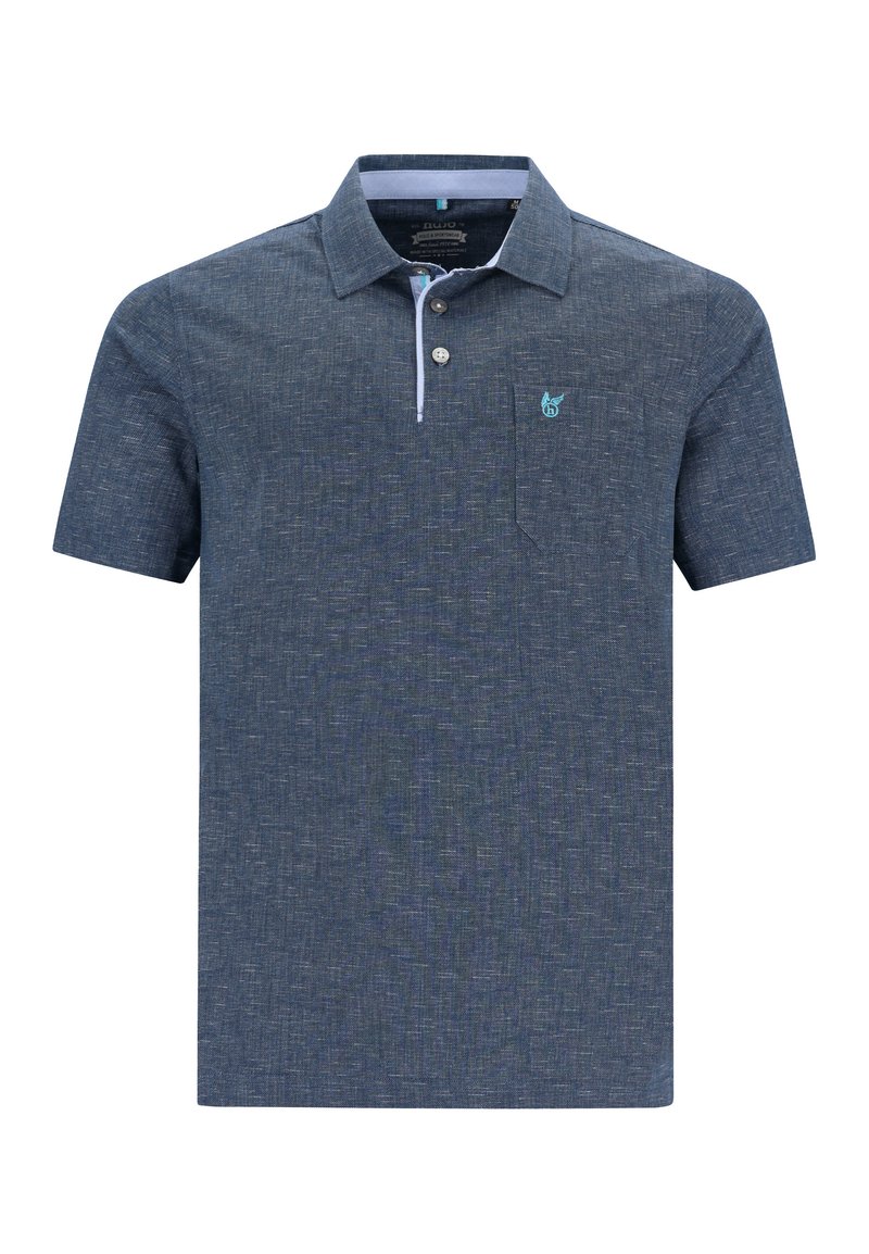 Polo-shirt bleu marine à manches courtes avec un tissu texturé, un col contrastant et un petit logo brodé sur la poche poitrine.