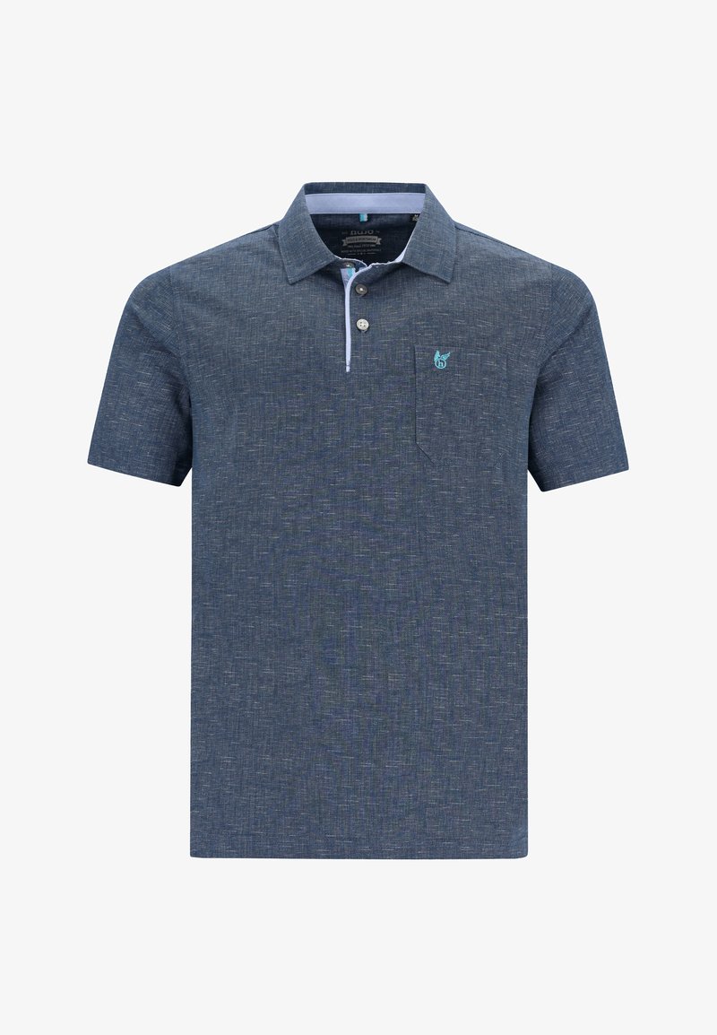 Navyblauwe polo met korte mouwen van een gestructureerde stof, contrasterende kraag en een klein geborduurd logo op de borstzak.