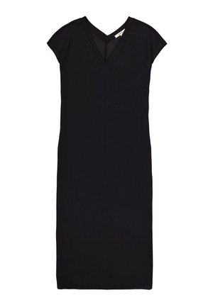 Zwarte jurk tot de knie van zachte stof, met een V-hals en korte mouwtjes, met een eenvoudig, onversierd ontwerp.