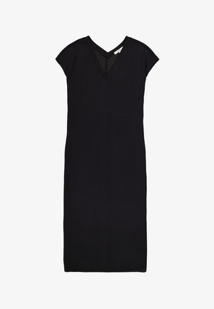 Zwarte jurk tot de knie van zachte stof, met een V-hals en korte mouwtjes, met een eenvoudig, onversierd ontwerp.