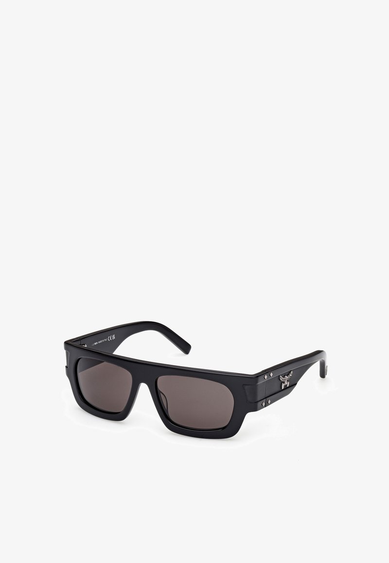 Black sunglasses with a rectangular frame, dark tinted lenses, matte finish, and silver hardware accents on the sides.