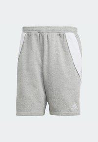 Shorts de sport gris clair avec taille élastique, panneaux latéraux blancs et petit logo triangulaire sur la partie inférieure gauche de la jambe.