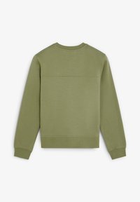 Oliwkowy sweter z miękkiej bawełny, z długimi rękawami, okrągłym dekoltem i poziomym detalem szwu na plecach.