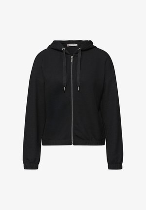 Schwarzer Kapuzenpullover mit Reißverschluss, strukturierter Stoff, Kordelzug an der Kapuze, elastische Bündchen und eine leicht kürzere Passform.