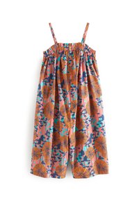 Combinaison à motifs floraux avec un haut smocké élastique, des bretelles ajustables et des boutons en bois. Les couleurs incluent le rose, l'orange, le bleu et le vert.