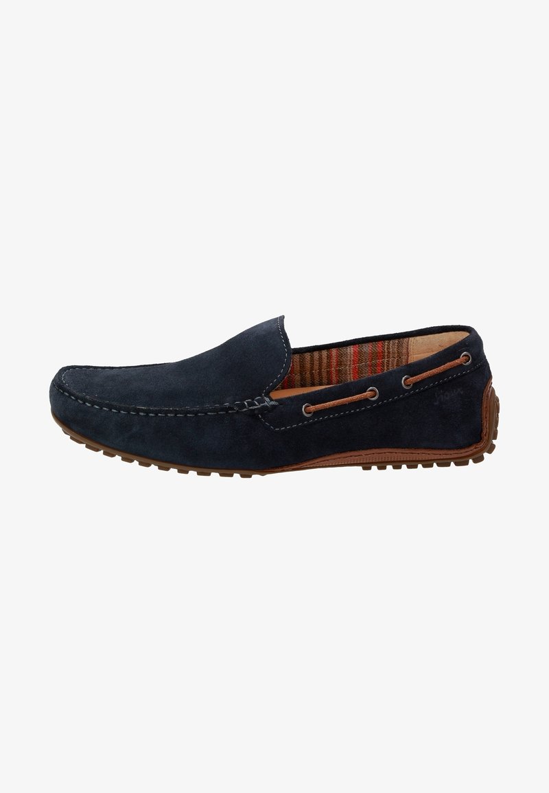 Marineblaues Wildleder-Slipper mit kontrastierenden Nähten, texturiertem Innenfutter mit roten und braunen Streifen sowie einer Gummisohle mit Rutschschutzmuster.