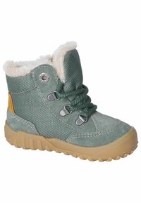 Botas altas verdes hechas de ante y textil, con un suave forro de piel, cordones redondos y una suela de goma con un patrón texturizado.