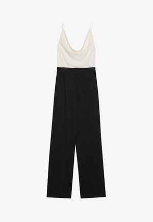 Jumpsuit med cowl-neck som har en tettsittende elfenbensfarget overdel og vide, svarte bukser laget av et jevnt, lett materiale. Ingen synlige lukkinger.