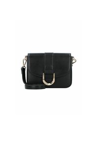 Borsa a tracolla nera in pelle con chiusura a pattina, dettagli in metallo dorato, tracolla regolabile e texture liscia. Forma rettangolare compatta.
