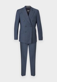 Completo navy a doppio petto realizzato in tessuto testurizzato, con due tasche frontali e bottoni neri, abbinato a pantaloni a gamba dritta.