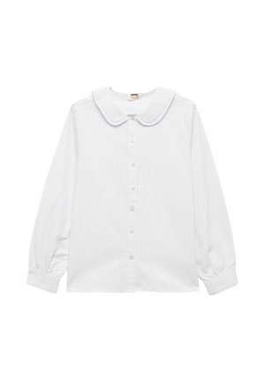 Hvid langærmet skjorte med en rund krave, der har knaplukning foran og elastiske manchetter, lavet af en glat bomuldsblanding.