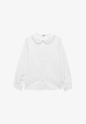 Weißes Langarmhemd mit rundem Kragen, das eine Knopfleiste und elastische Manschetten aufweist, gefertigt aus einem glatten Baumwollmix.