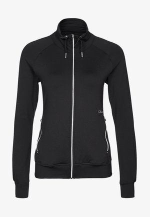 Chaqueta negra con cremallera, mangas largas, cuello alto y detalles de cremallera blanca. Cuenta con bolsillos laterales y un diseño ajustado con tela elástica.