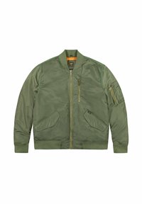 Giacca bomber verde oliva realizzata in tessuto liscio e leggero. Caratterizzata da polsini e orlo a costine, due tasche laterali e una tasca sul petto con zip.