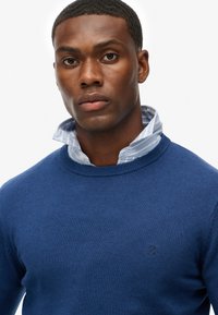 Blå strikket sweater med rund hals, der har et diskret logo på brystet og en iøjnefaldende lyseblå stribet skjorte nedenunder.