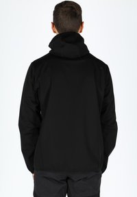 Black hooded jacket with a smooth texture and a fitted design. Features include minimal stitching and a simple silhouette without embellishments.