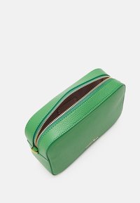 Piccola borsa a tracolla in pelle verde texturizzata con cerniera dorata parzialmente aperta e dettagli del nome del marchio in oro sulla parte anteriore.