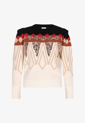 Gebreide trui met geometrische patronen in zwart, roest en beige, versierd met pailletten. Ronde hals en ribgebreide manchetten en zoom.