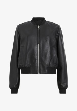 Black leather bomber jacket with a front zipper, ribbed collar and cuffs, featuring two side pockets. Smooth texture and cropped design.