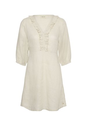 Robe crème longueur genou avec manches bouffantes 3/4 et détail d'encolure en V à volants.