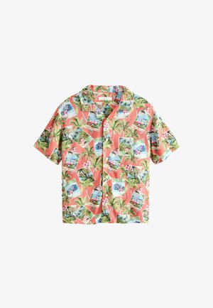 Short-sleeve button-up shirt with coral background featuring palm trees, pink flamingos, and tropical flowers in postcard-style prints.