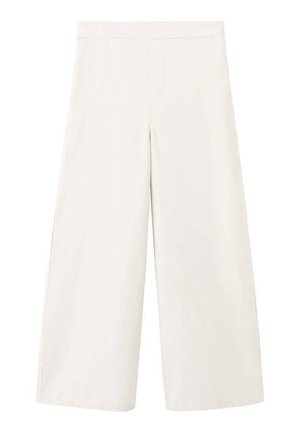 Pantalon à jambes larges en tissu crème, présentant une texture lisse, une taille mi-haute, et des lignes épurées sans attaches visibles ni motifs.