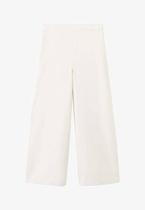 Pantalon à jambes larges en tissu crème, présentant une texture lisse, une taille mi-haute, et des lignes épurées sans attaches visibles ni motifs.