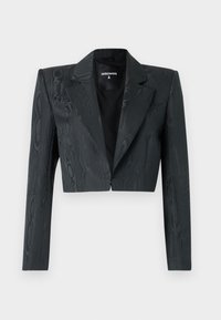 Gecombineerde zwarte blazer met een textuurpatroon, gestructureerde schouders en lange mouwen. Heeft een klassieke revers en een enkele haaksluiting.