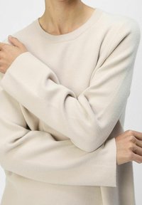 Pull à manches longues beige avec un col rond. Tissu doux et texturé, avec une coupe décontractée et des manches légèrement surdimensionnées.
