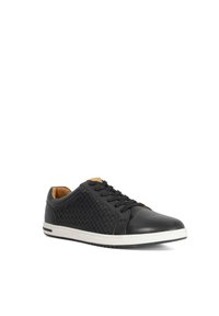 Black leather sneaker with a textured diamond pattern on the side, white rubber sole, and lace-up design. Smooth finish, casual style.