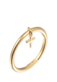 Guldtonet ring med en glat band og en hængende kors charm. Fremstillet af 925 sterling sølv, der viser en poleret finish og et enkelt design.