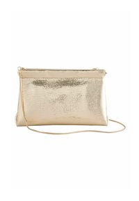 Goldfarbene Metallic-Clutch mit strukturierter Oberfläche, Reißverschluss und abnehmbarem Kettenriemen. Rechteckige Form mit glattem Innenfutter.