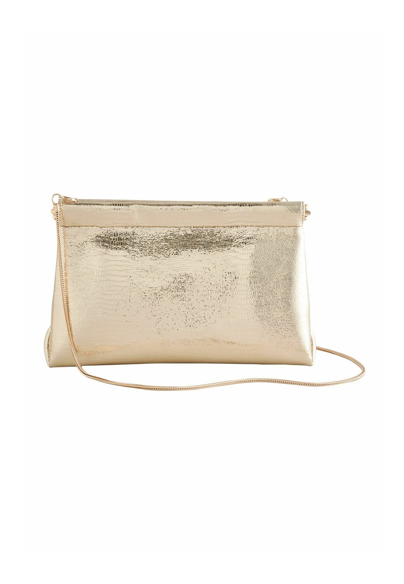 Goldfarbene Metallic-Clutch mit strukturierter Oberfläche, Reißverschluss und abnehmbarem Kettenriemen. Rechteckige Form mit glattem Innenfutter.