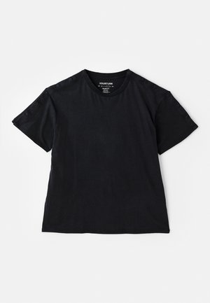 Black short-sleeve t-shirt with a round neckline, made of soft fabric. Features minimal stitching and a tag at the neck.