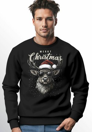 RENTIER HIRSCH MIT WEIHNACHTSMÜTZE SCHRIFTZUG MERRY CHRISTMAS                    - Sweatshirt - schwarz