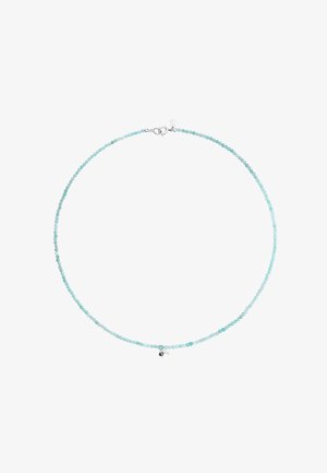 A beaded necklace made of light blue semi-precious stones, featuring a silver clasp and a small silver charm near the closure.