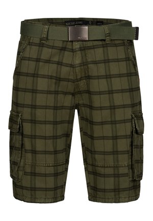 Pantaloni cargo verde oliva con un motivo a quadretti neri, dotati di tasche laterali, una cintura in tessuto e un design dalla vestibilità rilassata.