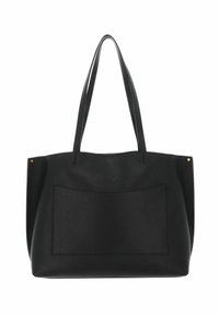 Borsa tote nera in pelle con finitura testurizzata, due manici per la spalla e una tasca frontale. Presenta dettagli in metallo color oro.
