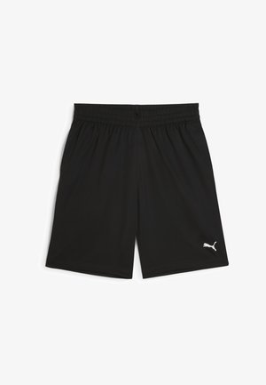 Zwarte sportshort met elastische tailleband en klein wit Puma-logo op de rechteronderkant van het been.