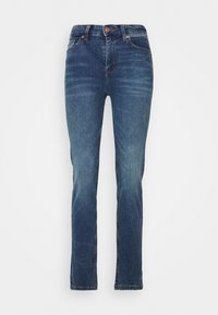 Tmavě modré džíny z denimu se rovnými nohavicemi, designem s pěti kapsami a bronzovým knoflíkem v pase. Jemně vybledlé oblasti po celém povrchu.