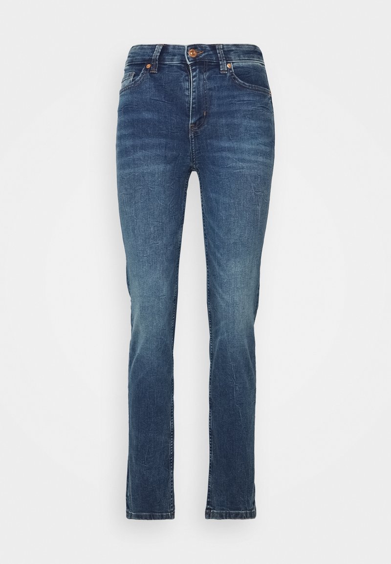 Tmavě modré džíny z denimu se rovnými nohavicemi, designem s pěti kapsami a bronzovým knoflíkem v pase. Jemně vybledlé oblasti po celém povrchu.