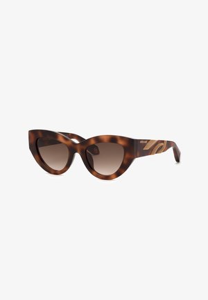 Lunettes de soleil œil de chat écaille avec verres dégradés marron et détails décoratifs dorés sur les branches.
