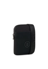 Astuccio nero con chiusura a zip, caratterizzato da una texture morbida e un logo rotondo impresso sul davanti. Include una tracolla regolabile.