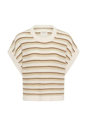 Short-sleeve knit sweater with beige, light brown, and cream horizontal stripes and a ribbed crew neckline and hem.