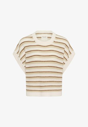 Jersey de punto de manga corta con rayas horizontales en beige, marrón claro y crema, con cuello redondo acanalado y bajo ribeteado.
